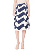 Wave-print Pleated Midi Skirt, Blue/white