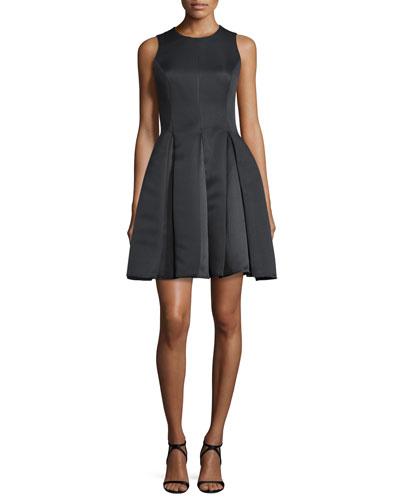Sleeveless Pleated Fit-and-flare Dress, Black