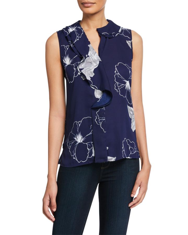 Floral Sleeveless Ruffle-front Top