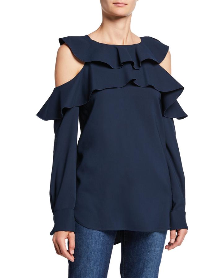 Silk Ruffle Cold-shoulder Blouse