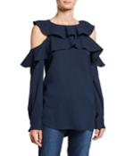 Silk Ruffle Cold-shoulder Blouse