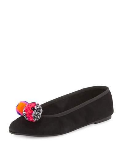 Bo Pompom Suede Ballerina Flat, Black