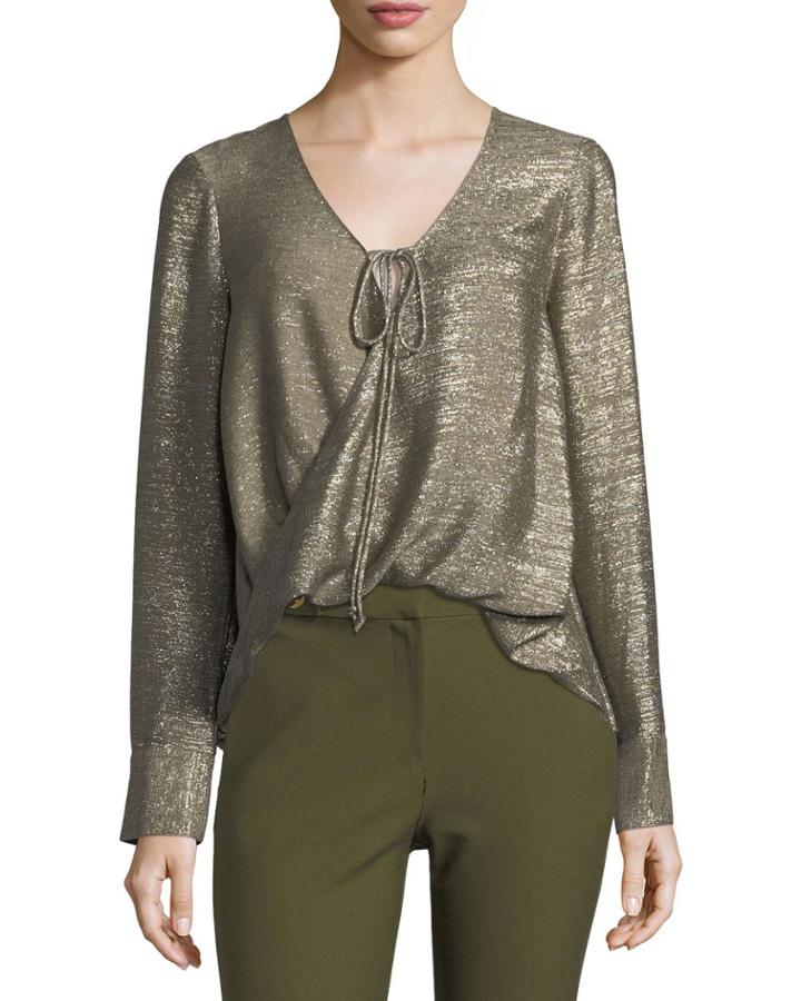 Tie-front Long-sleeve Metallic Blouse