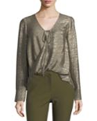 Tie-front Long-sleeve Metallic Blouse