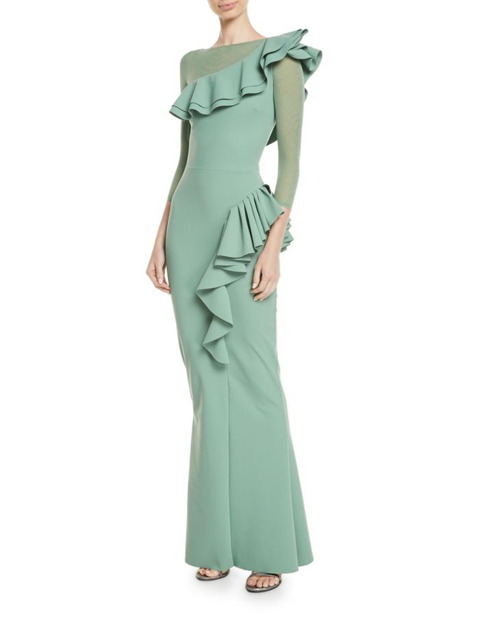 Maria Chiara Illusion Gown W/ Asymmetric Ruffles