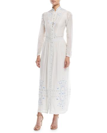 Button-front Embroidered Summer Robe Long Cotton Dress