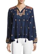 Embroidered Voile Top, Navy