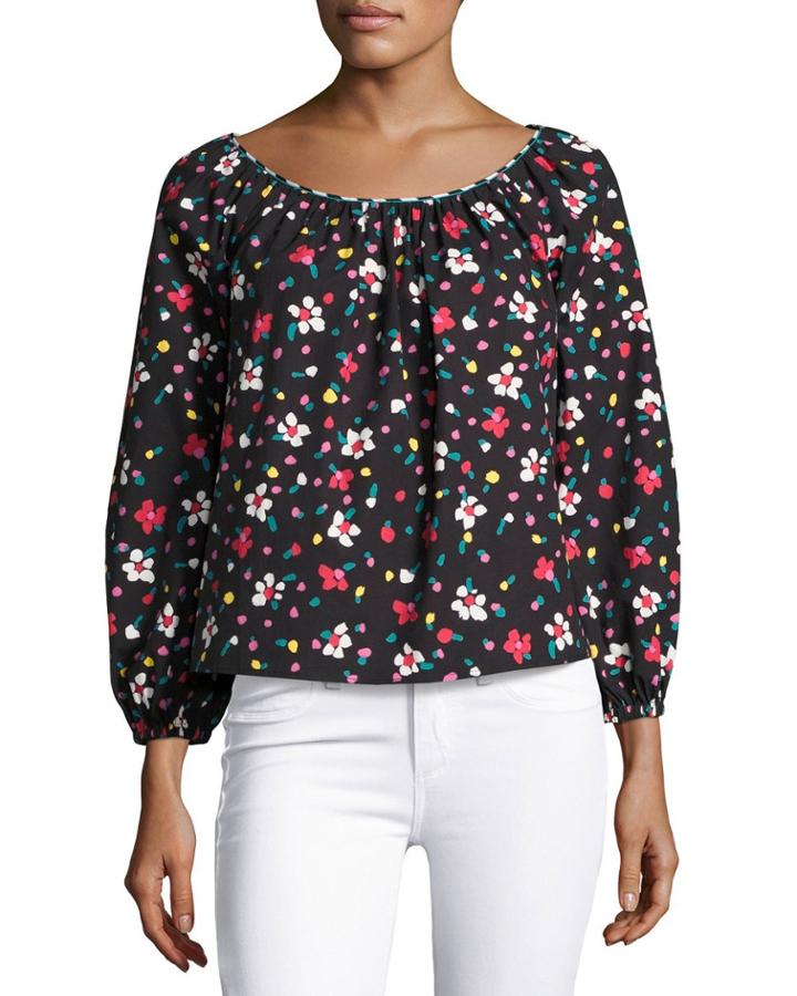 Floral-print Long-sleeve Peasant Blouse, Blue