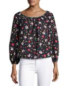 Floral-print Long-sleeve Peasant Blouse, Blue