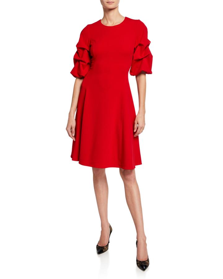 Scuba Crepe Ruffle-sleeve Fit-and-flare Dress