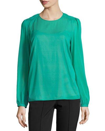 Pleated-sleeve Sheer Blouse, Peacock