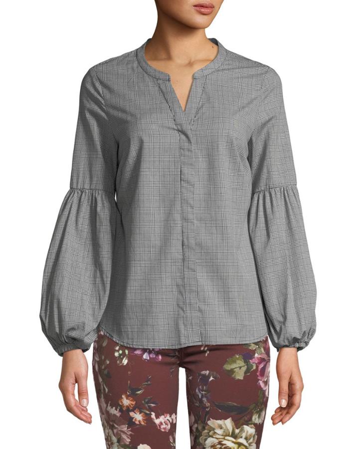 Glen Plaid Lantern-sleeve Blouse