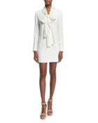 Long-sleeve Tie-neck Mini Dress, White