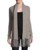 Fringy Ribbed Open-front Cardigan, Brown