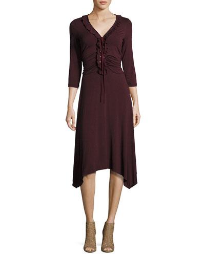 3/4-sleeve V-neck Lace-up Dress, Wine