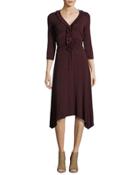 3/4-sleeve V-neck Lace-up Dress, Wine