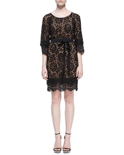 Tie-waist Scalloped Lace Dress, Black