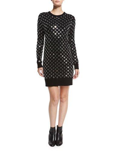 Grommet Crewneck Sweaterdress, Black