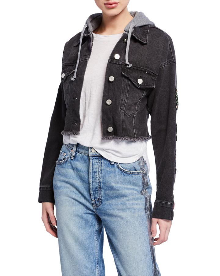 Cropped Denim Frayed Trucker Jacket W/ Hood