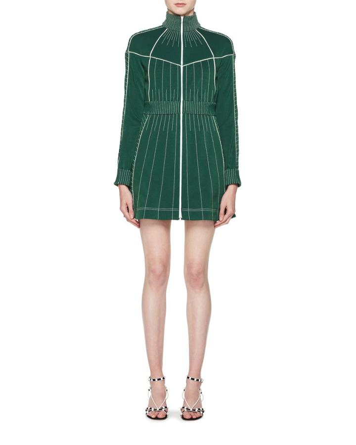 Long-sleeve Zip-front Fitted Short Dress With Contrast Topstitching