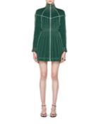 Long-sleeve Zip-front Fitted Short Dress With Contrast Topstitching