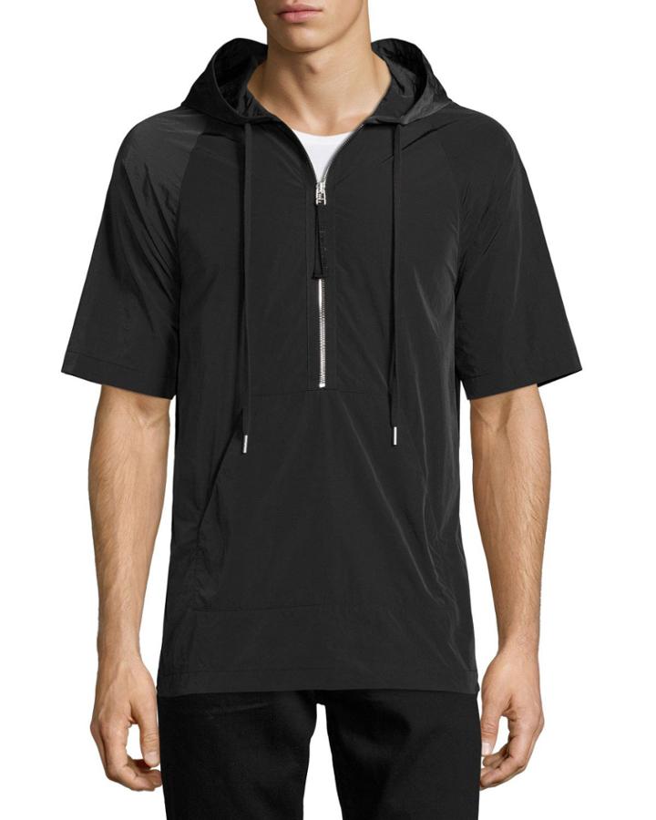 Side-zip Short-sleeve Nylon Hoodie, Black