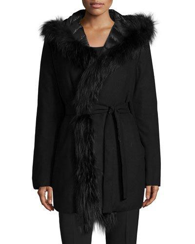 Reversible Wool-blend Coat W/ Fur Trim