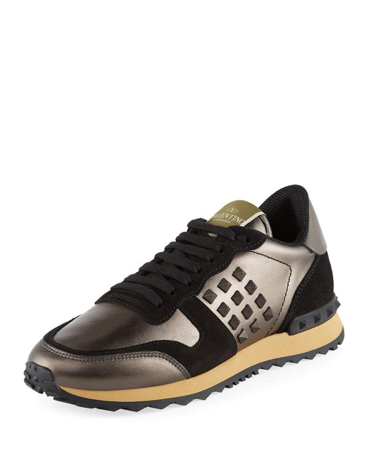 Rockstud Suede-trim Metallic Trainer