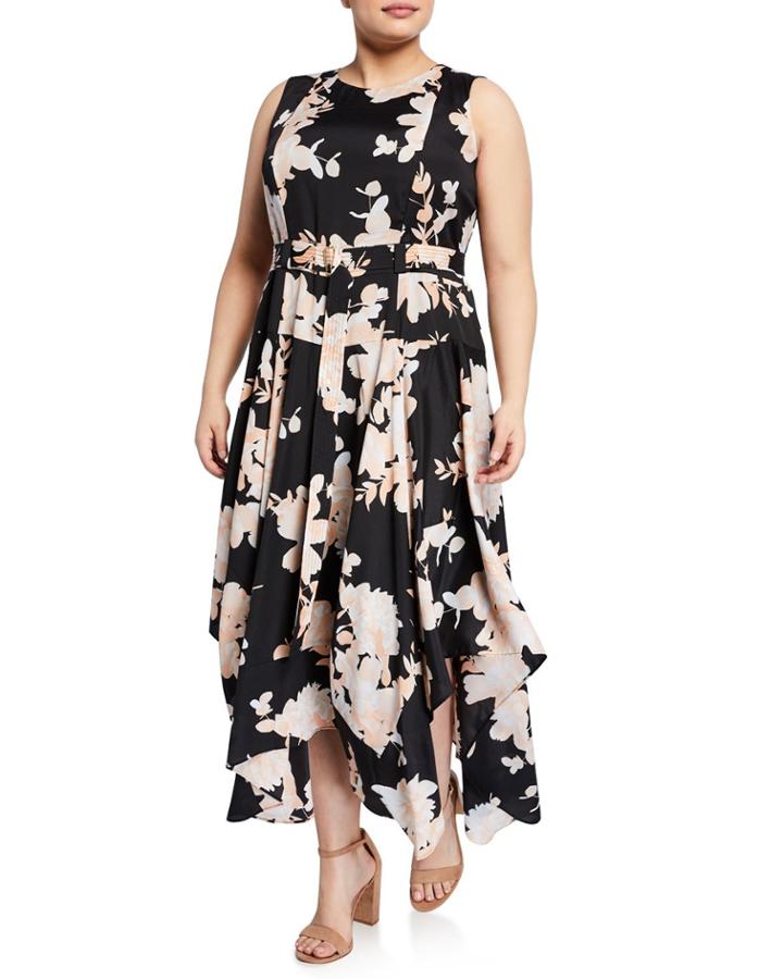Plus Size Floral-print Belted Asymmetric