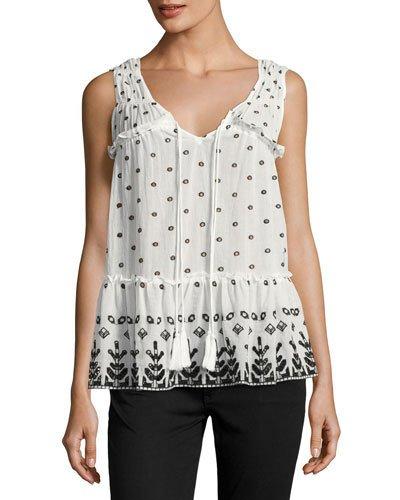 Sleeveless Printed Voile Ruffle Blouse, White