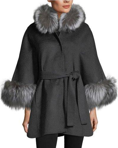 Fox Fur-trim Belted Cardigan Cape