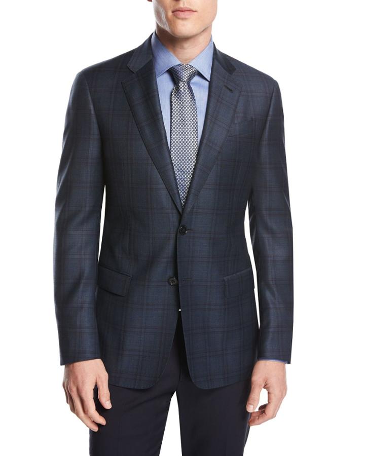 Soft Model Plaid Two-button Sport Coat, Teal/green/blue