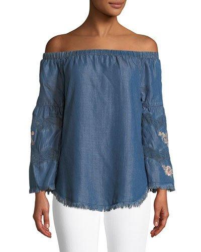 Embroidered Off-the-shoulder Chambray