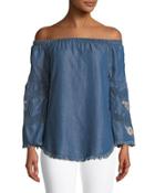 Embroidered Off-the-shoulder Chambray