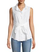 Sleeveless Button-front Belted Poplin Top