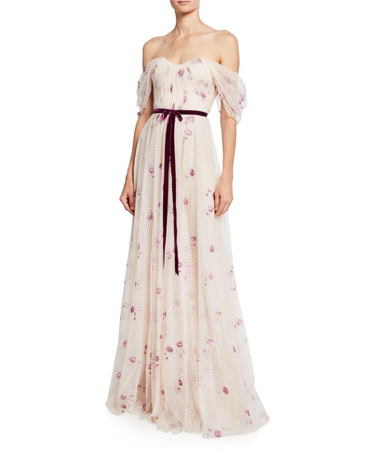 Off-the-shoulder Draped Bodice Netted Tulle Gown With Embroidery