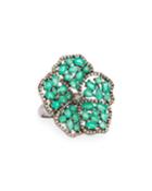 Silver Flower Cocktail Ring With Emeralds & Diamonds,