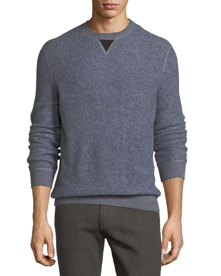 Boucle Pullover Sweater With Leather V Detail