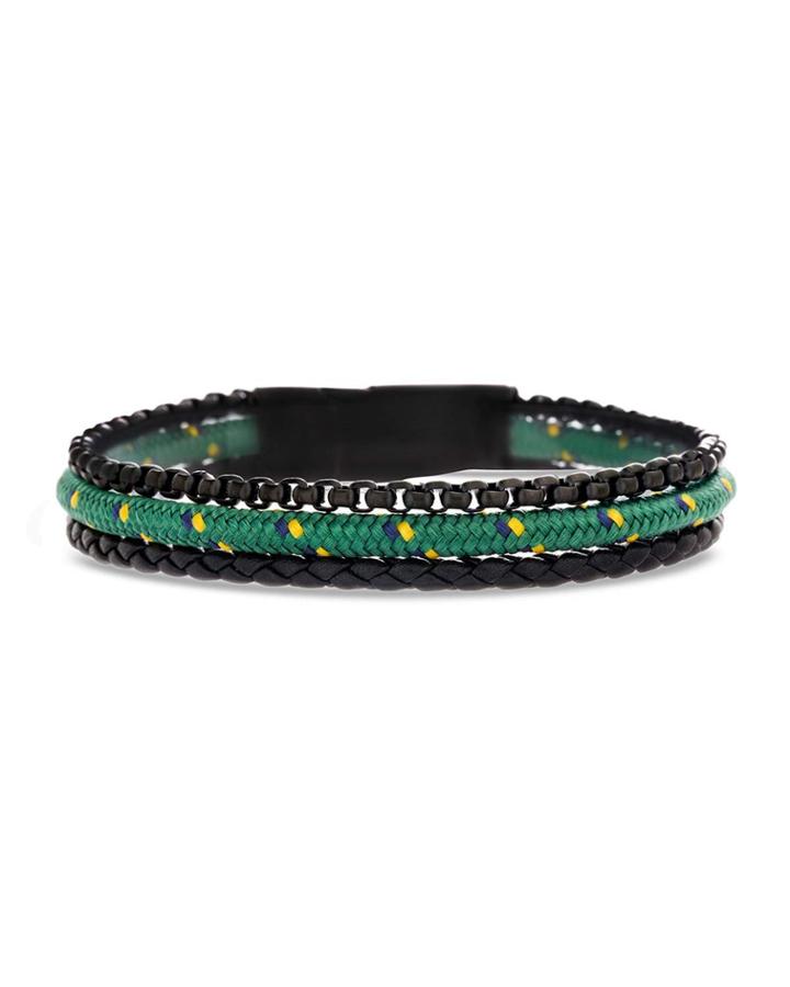 Men's Three-row Stainless Steel & Leather Cable Bracelet, Green/black