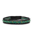 Men's Three-row Stainless Steel & Leather Cable Bracelet, Green/black