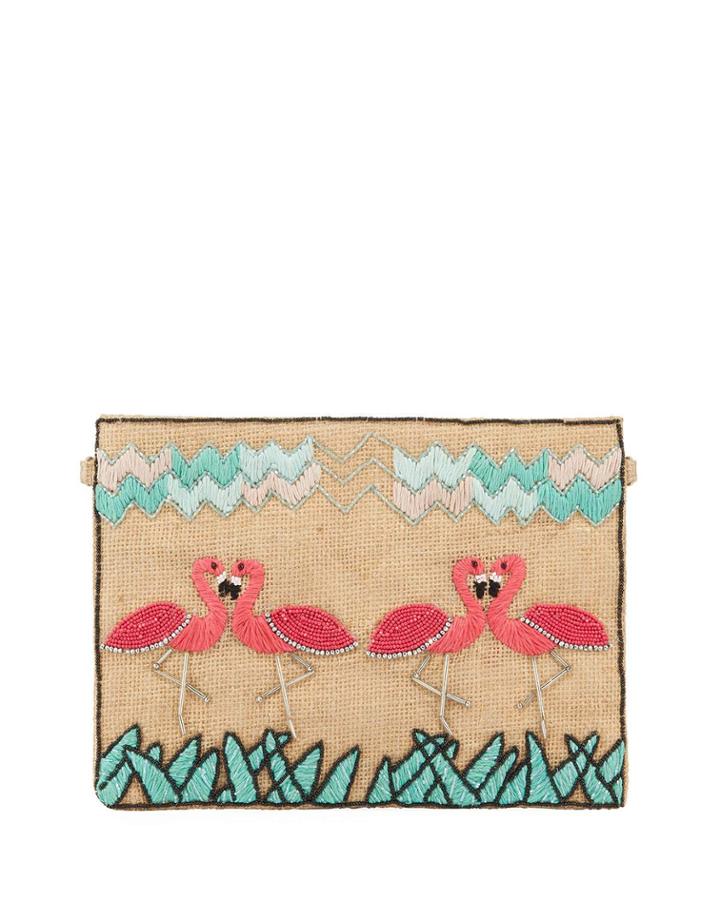 Flamingos Beaded Zip-top Clutch Bag