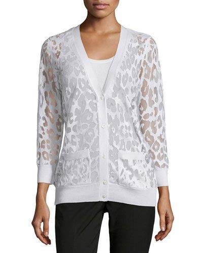 Button-down Leopard Burnout Cardigan, White