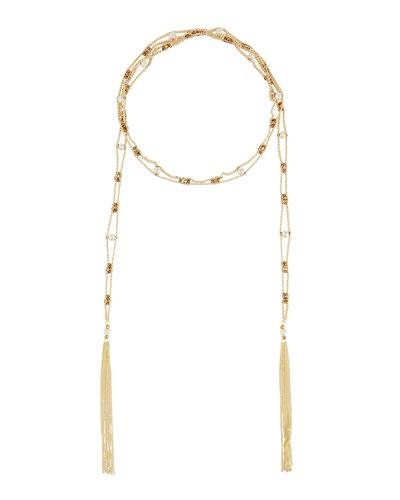 Long Pearl Lariat Choker Necklace With Fringe Ends, Gold/white