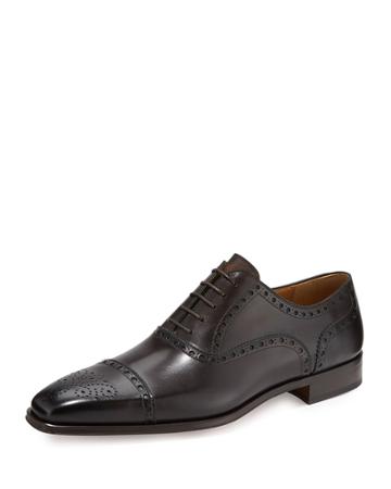 Magnanni For Neiman Marcus Brogue Wing-tip Leather Oxford, Mid Brown, Men's,