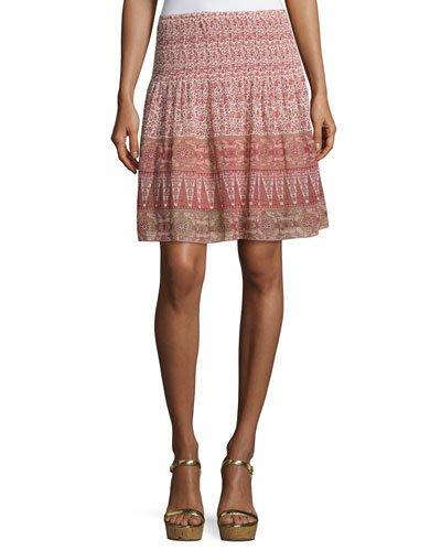 Smocked-waist Flared Skirt, Dark Orange