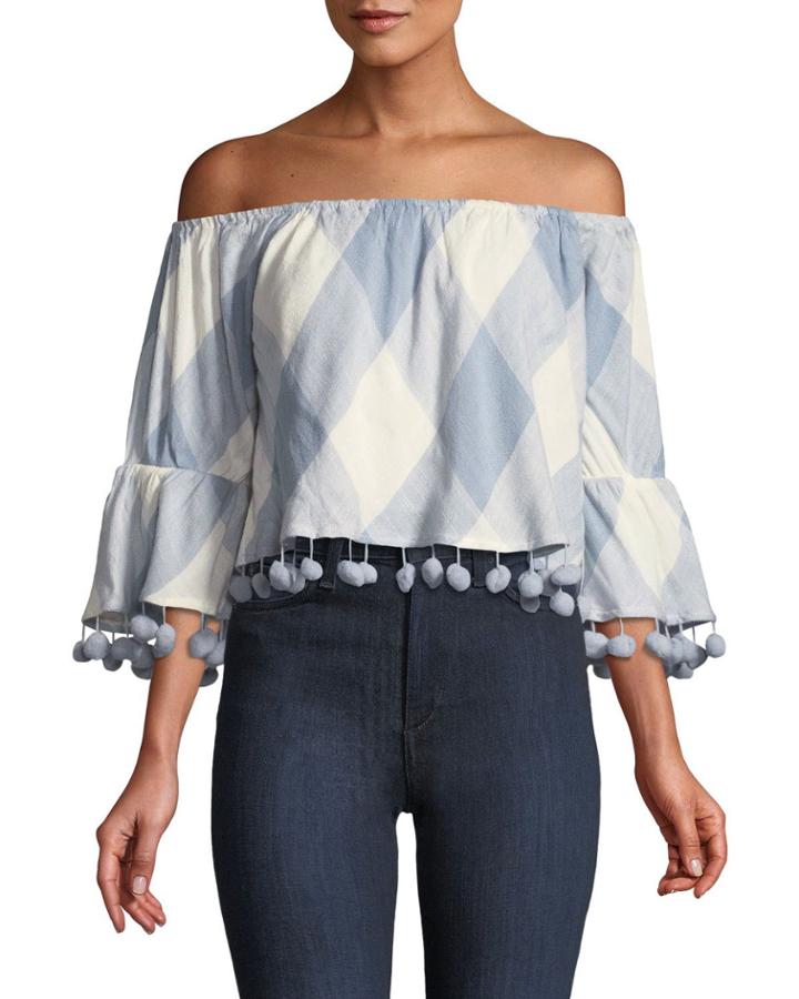 Alexa Check Off-the-shoulder Top W/ Pompom Trim