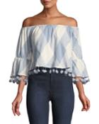 Alexa Check Off-the-shoulder Top W/ Pompom Trim