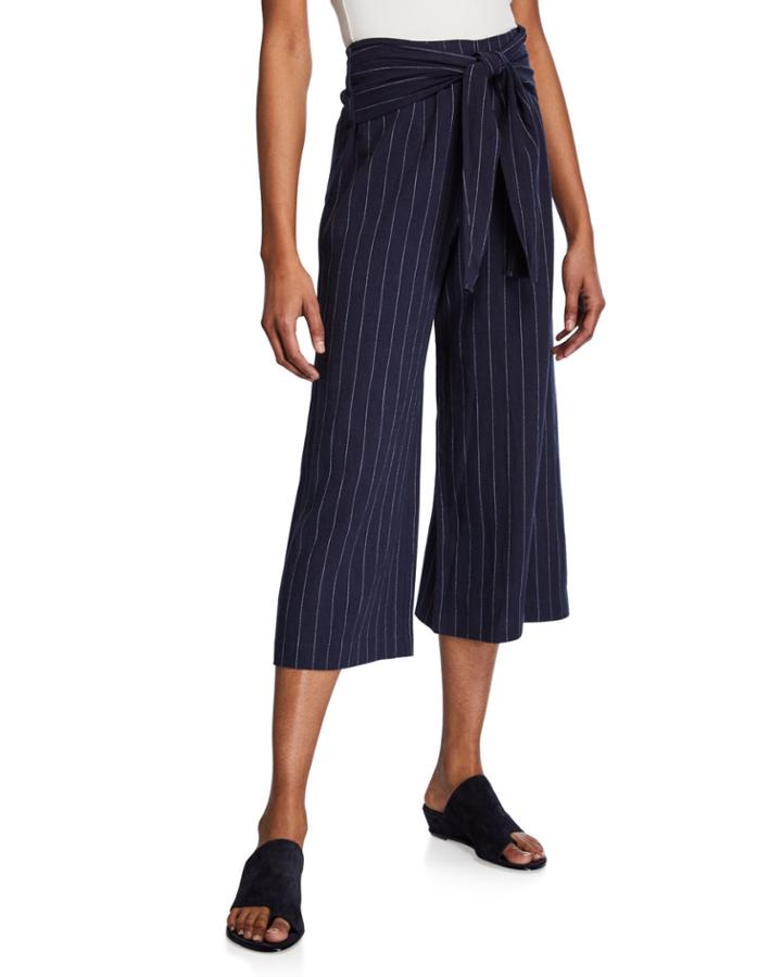 Striped Wide-leg Tie-front Cropped Pants