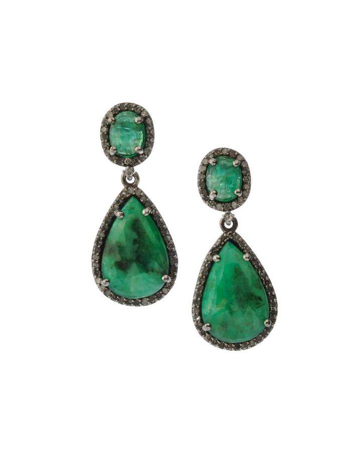 Silver Teardrop Earrings With Green Emerald & Diamonds