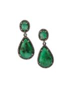 Silver Teardrop Earrings With Green Emerald & Diamonds